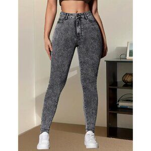 Elegant High Stretch Skinny Jeans –  Button Detail, Cotton Blend Denim